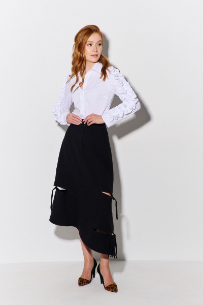 Юбка асимметричная с разрезами и поясом из костюмной ткани FLAIM 1091 черный - фото 3