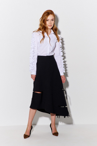 Юбка асимметричная с разрезами и поясом из костюмной ткани FLAIM 1091 черный - фото 1