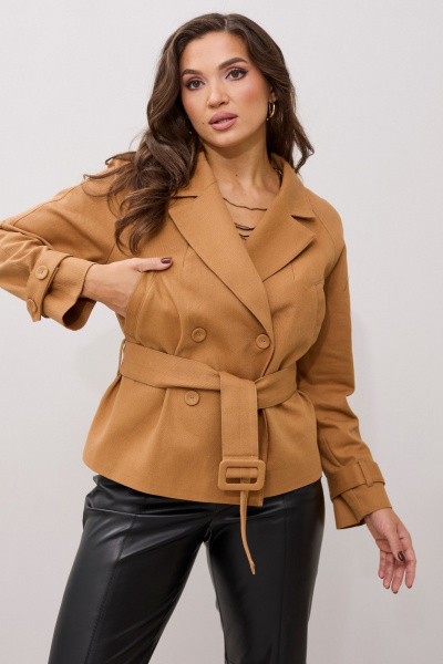 Жакет демисезонный бежевый двубортный с пряжкой MALI 124-040 сиерра - фото 6