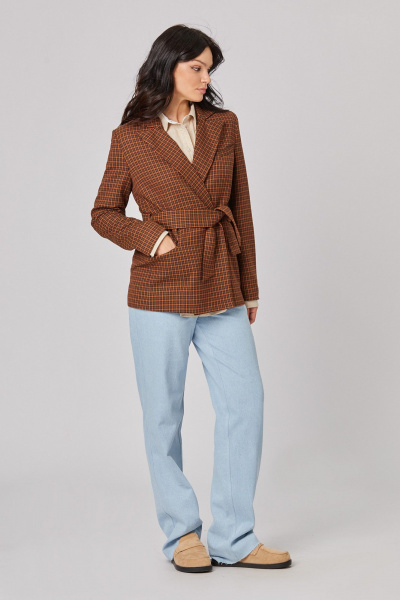 Жакет демисезонный оранжевый и черный с поясом Rivoli 8068 чёрный_оранжевый - фото 1