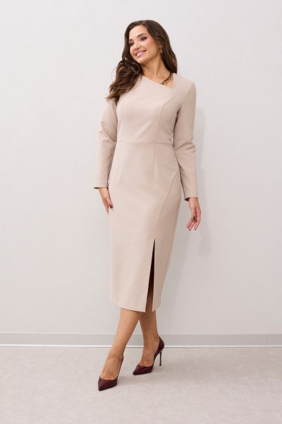 Платье из текстиля с асимметричной горловиной и разрезом MALI 424-036 бежевый - фото 8