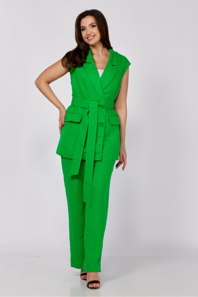 Льняной костюм из жилета и прямых брюк с поясом MALI 724-023 ультразелень - фото 10