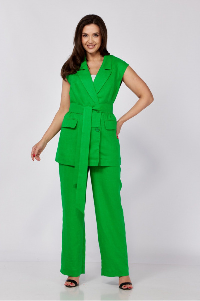 Льняной костюм из жилета и прямых брюк с поясом MALI 724-023 ультразелень - фото 9