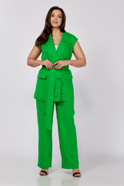 Льняной костюм из жилета и прямых брюк с поясом MALI 724-023 ультразелень - фото 2