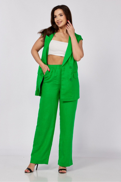 Льняной костюм из жилета и прямых брюк с поясом MALI 724-023 ультразелень - фото 5