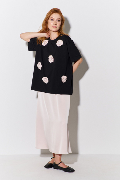 Бежевый майка с юбкой и декоративными цветами FLAIM 1104.01 черный-бежевый - фото 1