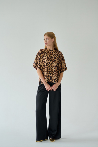Блуза оверсайз с разрезами, шелковистая ткань, универсальный стиль Мастер Мод 803ас леопард_рыжий - фото 4