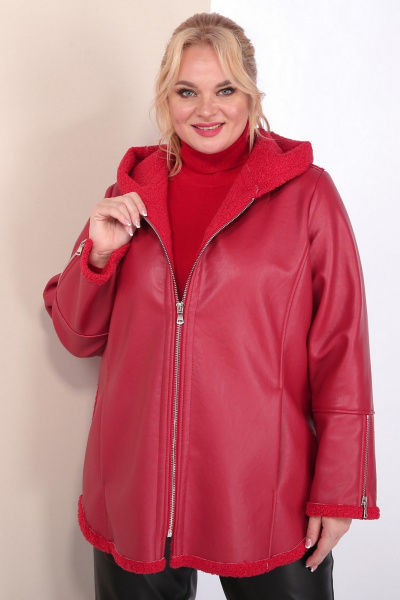 Короткая кожаная дубленка с капюшоном и фигурным низом Celentano 2068.1 алый - фото 12