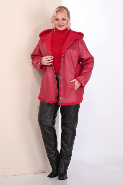 Короткая кожаная дубленка с капюшоном и фигурным низом Celentano 2068.1 алый - фото 8