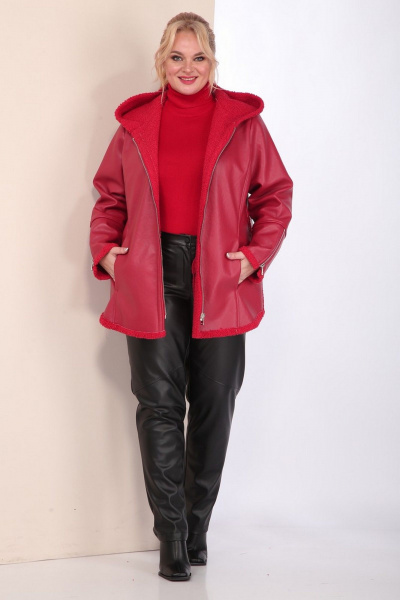 Короткая кожаная дубленка с капюшоном и фигурным низом Celentano 2068.1 алый - фото 7