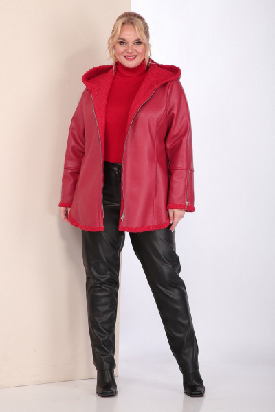Короткая кожаная дубленка с капюшоном и фигурным низом Celentano 2068.1 алый - фото 6