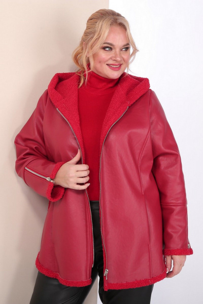 Короткая кожаная дубленка с капюшоном и фигурным низом Celentano 2068.1 алый - фото 1