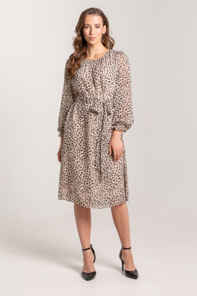 Платье из шифона с кокеткой, сборками и поясом-завязкой Morozov Amavie 1.2055_A2_Rida_бежевый_леопард - фото 1