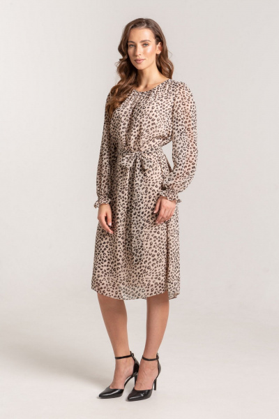 Платье из шифона с кокеткой, сборками и поясом-завязкой Morozov Amavie 1.2055_A2_Rida_бежевый_леопард - фото 2