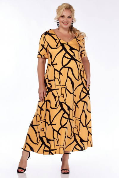 Длинное желтое платье А-силуэта с карманами для лета Belinga 1233 черный-персик - фото 3