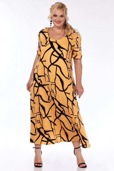 Длинное желтое платье А-силуэта с карманами для лета Belinga 1233 черный-персик - фото 2