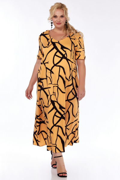 Длинное желтое платье А-силуэта с карманами для лета Belinga 1233 черный-персик - фото 1