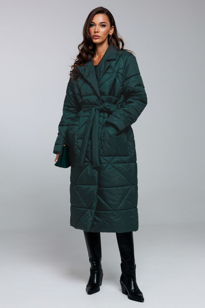 Стеганное демисезонное пальто прямого силуэта с поясом Butеr 2872 изумруд - фото 3