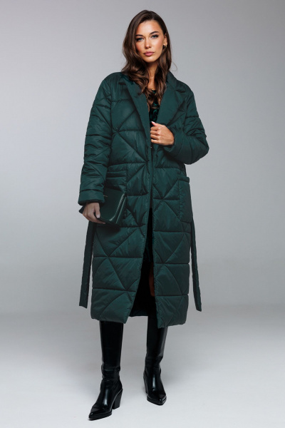 Стеганное демисезонное пальто прямого силуэта с поясом Butеr 2872 изумруд - фото 1