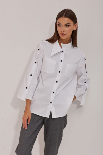 Круглогодичная хлопковая блуза прямого силуэта с асимметричным воротником Lyushe 3869 - фото 4