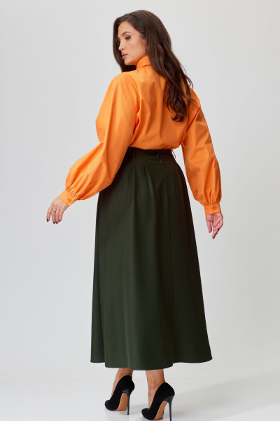 Демисезонный комплект блузка и юбка из костюмной ткани Andina city 9049-24 хаки-оранжевый - фото 2