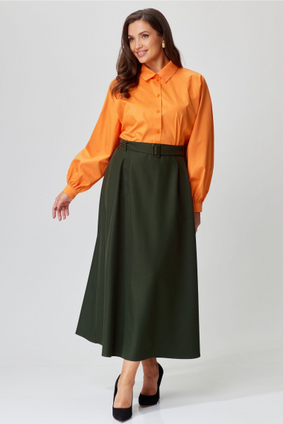Демисезонный комплект блузка и юбка из костюмной ткани Andina city 9049-24 хаки-оранжевый - фото 7