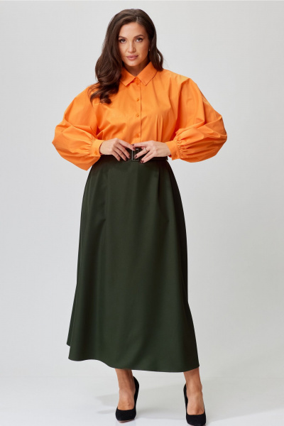 Демисезонный комплект блузка и юбка из костюмной ткани Andina city 9049-24 хаки-оранжевый - фото 6
