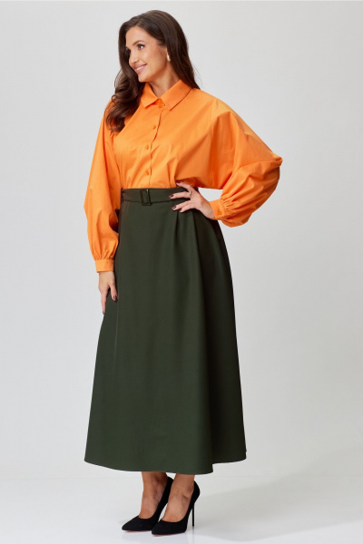 Демисезонный комплект блузка и юбка из костюмной ткани Andina city 9049-24 хаки-оранжевый - фото 4