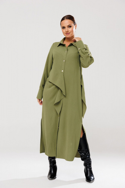 Платье рубашка с ассиметричным кроем и поясом для повседневных образов Anastasia 1135 олива - фото 11
