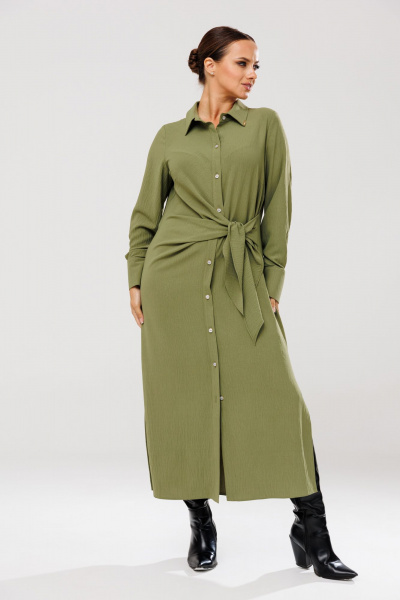 Платье рубашка с ассиметричным кроем и поясом для повседневных образов Anastasia 1135 олива - фото 8