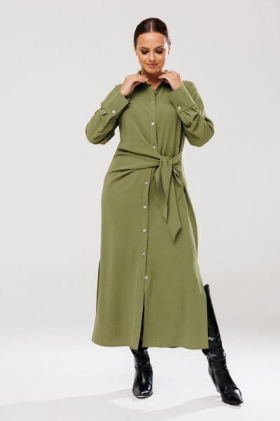 Платье рубашка с ассиметричным кроем и поясом для повседневных образов Anastasia 1135 олива - фото 7