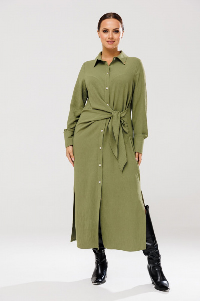Платье рубашка с ассиметричным кроем и поясом для повседневных образов Anastasia 1135 олива - фото 6