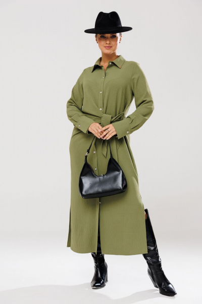 Платье рубашка с ассиметричным кроем и поясом для повседневных образов Anastasia 1135 олива - фото 4