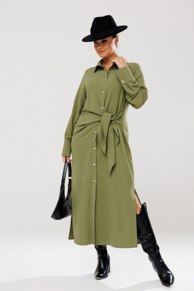 Платье рубашка с ассиметричным кроем и поясом для повседневных образов Anastasia 1135 олива - фото 3