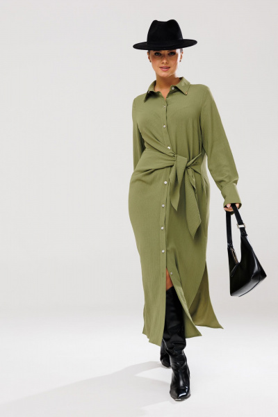 Платье рубашка с ассиметричным кроем и поясом для повседневных образов Anastasia 1135 олива - фото 1