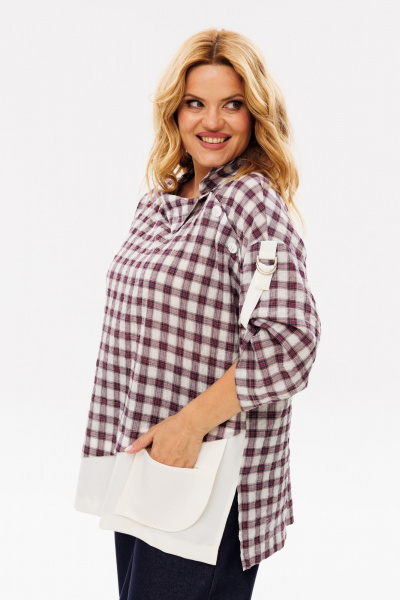 Демисезонная блуза со складкой и декором из клетчатой ткани Michel chic 751/1 сирень_молоко - фото 4