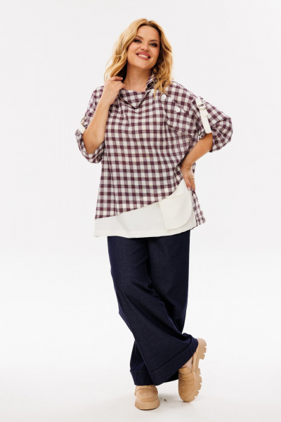 Демисезонная блуза со складкой и декором из клетчатой ткани Michel chic 751/1 сирень_молоко - фото 3