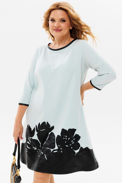 Демисезонное платье трапеция из текстиля с вышивкой из эко-кожи Michel chic 2140 голубой - фото 6
