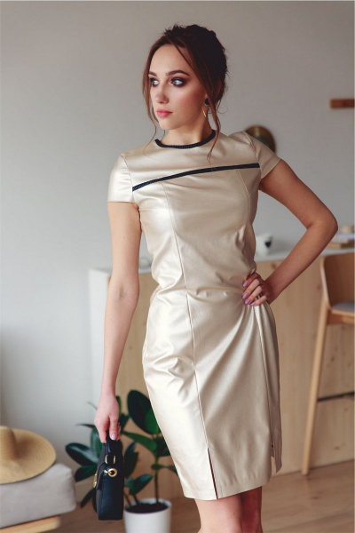 Платье с золотым отливом и гофре из текстиля с коротким рукавом S. Veles 3-102 - фото 1
