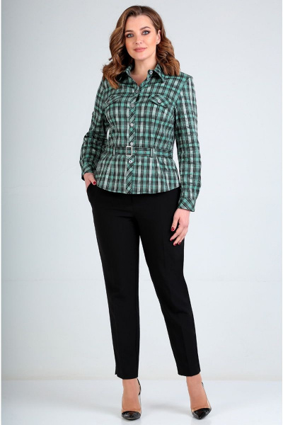 Клетчатая приталенная блуза с декоративными клапанами Таир-Гранд 6223 зеленый - фото 4