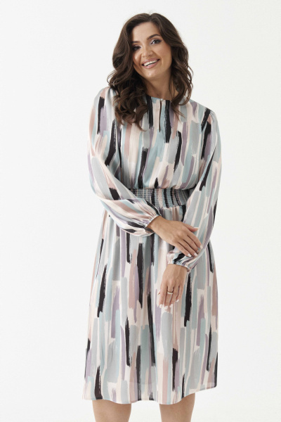 Мультиколорное платье из струящейся ткани с резинкой и нагрудными вытачками Панда 201683w бежево-бирюзовый - фото 2