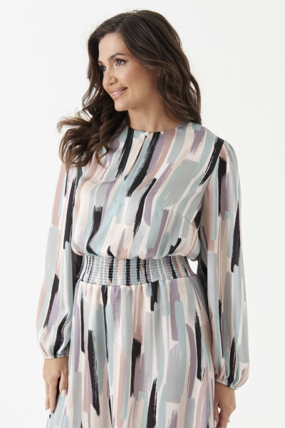 Мультиколорное платье из струящейся ткани с резинкой и нагрудными вытачками Панда 201683w бежево-бирюзовый - фото 3