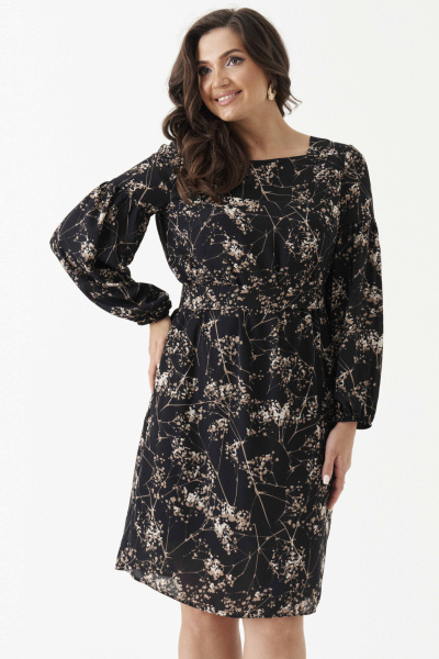 Черное платье из легкой струящейся ткани с поясом и резинками на рукавах Панда 203680w черный - фото 4