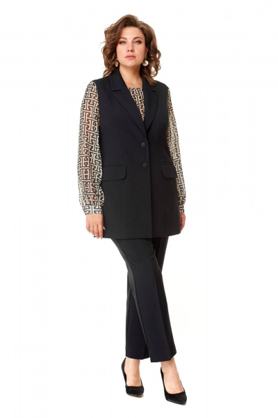 Деловой демисезонный костюм 2-ка из текстиля и шифона VI ORO VR-1147 черный_беж_фенди - фото 10