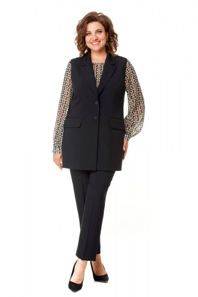 Деловой демисезонный костюм 2-ка из текстиля и шифона VI ORO VR-1147 черный_беж_фенди - фото 9