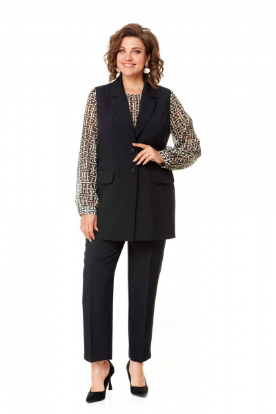 Деловой демисезонный костюм 2-ка из текстиля и шифона VI ORO VR-1147 черный_беж_фенди - фото 1