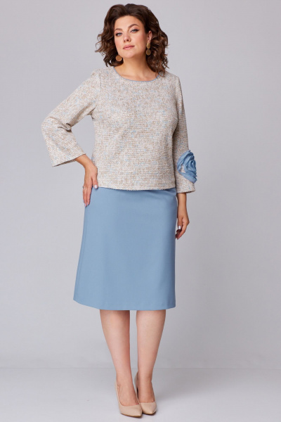 Демисезонный комплект туники и юбки из текстиля и трикотажа Мишель стиль 1210 бежево-голубой - фото 2