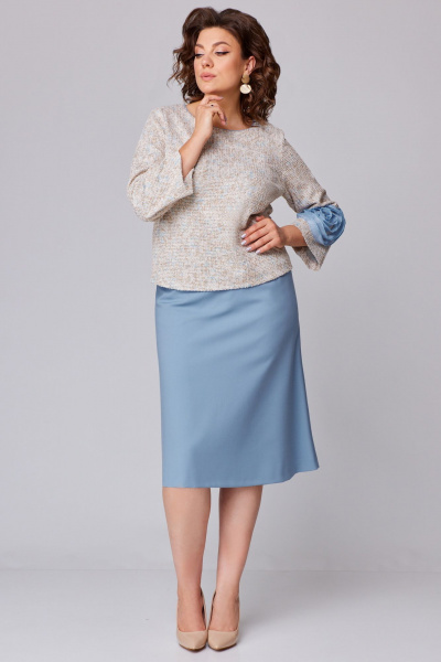 Демисезонный комплект туники и юбки из текстиля и трикотажа Мишель стиль 1210 бежево-голубой - фото 1