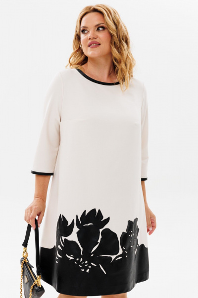 Платье трапециевидное с вышивкой из эко кожи Michel chic 2140 молоко - фото 7