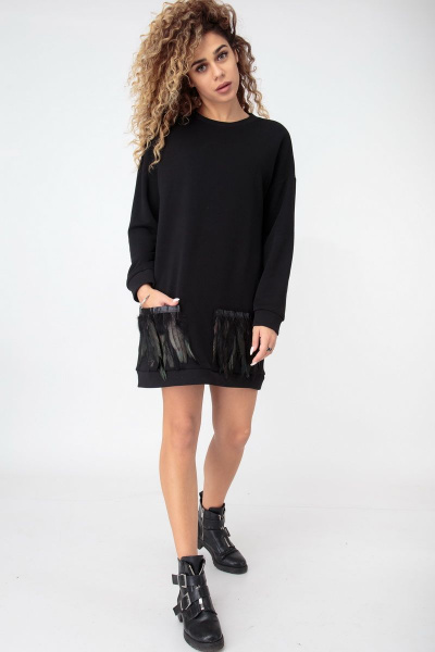 Платье-свитшот из трикотажа и хлопка с съемными карманами HIT 4011 черный - фото 1